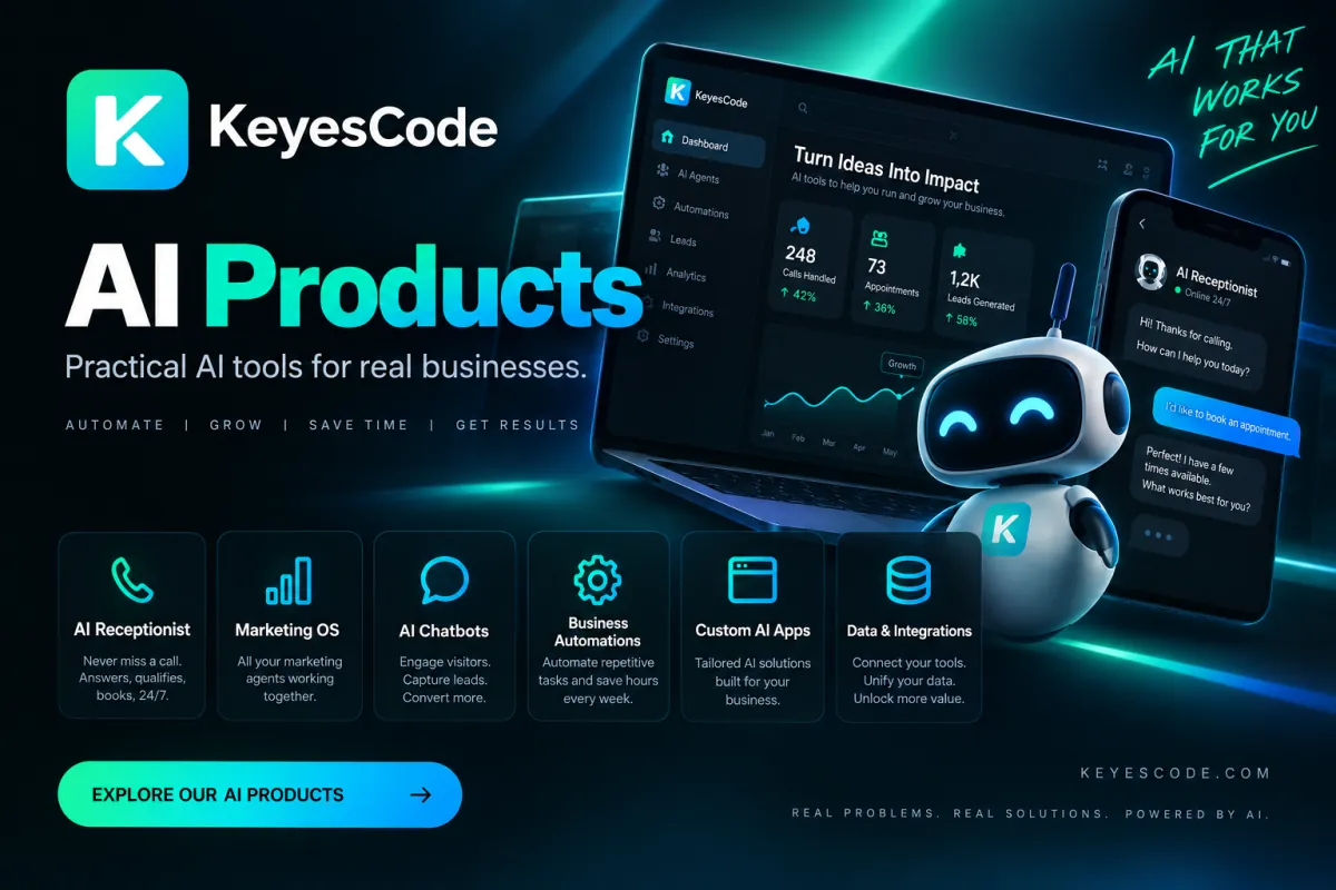 KeyesCode AI Products graphic with an AI assistant robot beside an analytics dashboard and chatbot