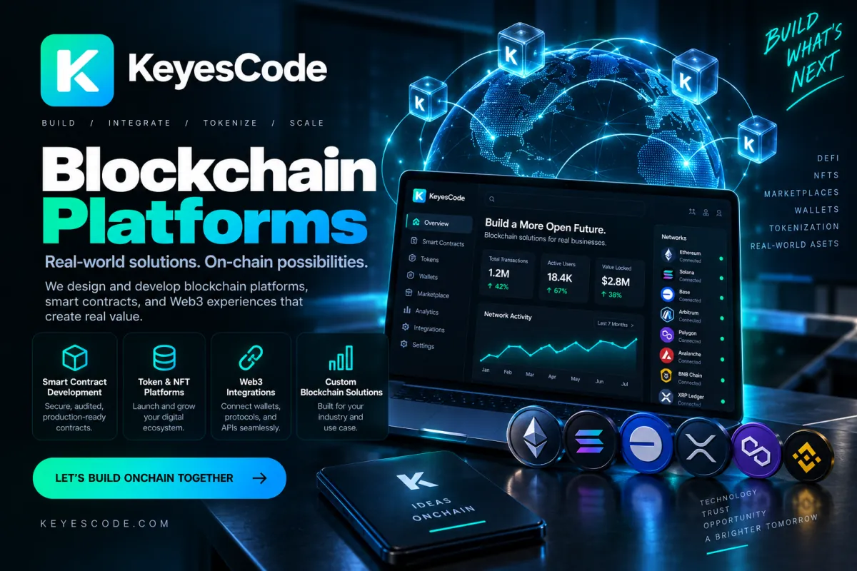 KeyesCode Blockchain Platforms graphic with a global network, crypto tokens, and a Web3 platform dashboard