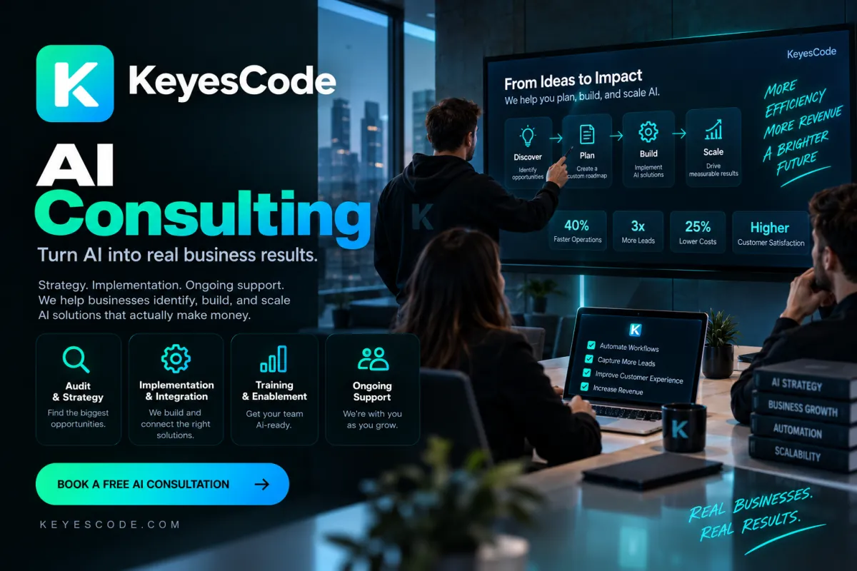 KeyesCode AI Consulting graphic of a team reviewing an AI roadmap from ideas to impact on a boardroom screen