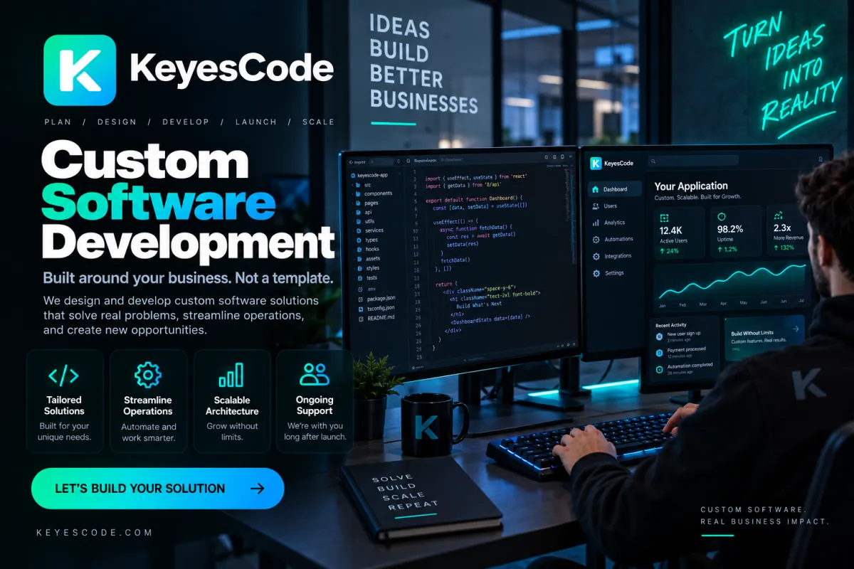 KeyesCode Custom Software Development graphic of a developer coding beside a custom application dashboard