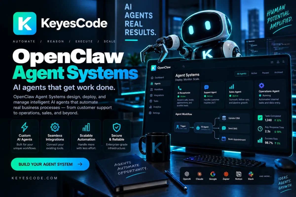 KeyesCode OpenClaw Agent Systems graphic with the OpenClaw robot beside an AI agent workflow dashboard